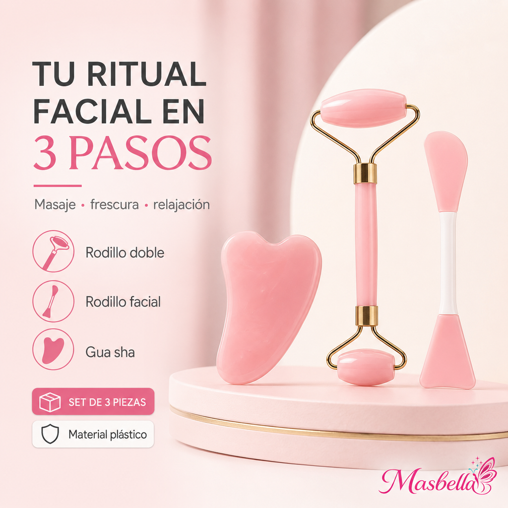 Kit de Masaje Facial Rosa 3 Piezas – Rodillo, Aplicador y Gua Sha